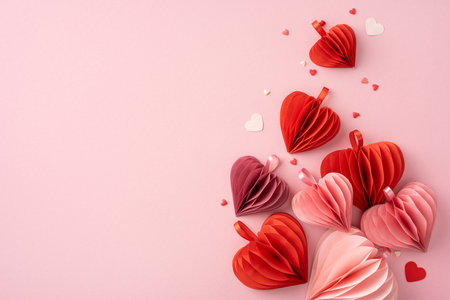 A collection of red and pink paper hearts arranged elegantly on a soft pink background, perfect for capturing the essence of Valentine's Day love and romanceの写真素材