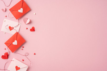 Red and white envelopes with heart designs arranged on a pink background. Perfect for Valentine's Day themes, conveying love and romanceの写真素材