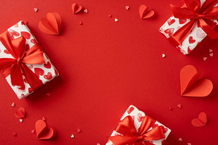 Valentine's Day concept showing beautifully wrapped gifts with red ribbons and heart decorations on a bold red background. Perfect for celebrating love and romanceの写真素材