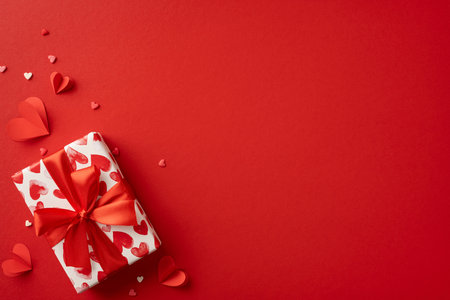 Gift wrapped in heart-patterned paper with a red ribbon, adorned with small red hearts. Ideal for Valentine's Day celebrations, conveying love and romanceの写真素材