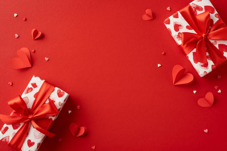 A vibrant red background featuring two beautifully wrapped gift boxes with heart patterns, surrounded by scattered heart decorations. Perfect for conveying love and Valentine's Day celebrationsの写真素材