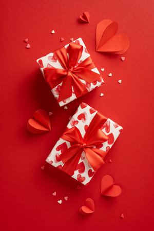 Two vertical beautifully wrapped Valentine's Day gifts with red heart patterns and ribbons on a vibrant red background, surrounded by paper heartsの写真素材