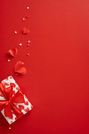 A vertical romantic Valentine's Day scene with a beautifully wrapped gift box, red hearts, and paper decorations on a red background, perfect for expressing love and affectionの写真素材