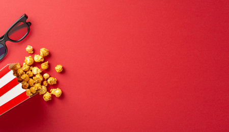 Popcorn spills from a striped box next to 3D glasses on a red background, evoking a fun cinema night ambianceの写真素材