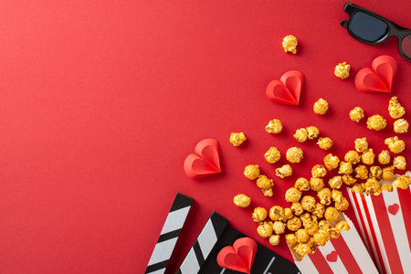 Popcorn spills from containers with heart decorations on a red background, perfect for a romantic movie night. Sunglasses and clapboards add a cinema vibe to this Valentine's Day conceptの写真素材