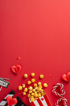 A vertical romantic movie night scene featuring popcorn, red paper hearts, and candy canes arranged on a vibrant red backgroundの写真素材