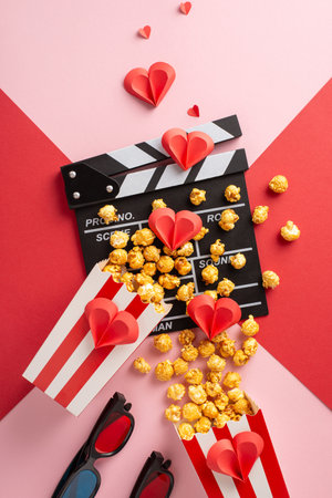 A vertical vibrant setup featuring popcorn, a clapperboard, and paper hearts symbolizing love. Ideal for illustrating romantic movie nights or Valentine's Day celebrationsの写真素材