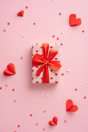A vertical beautifully wrapped gift box adorned with a red ribbon and heart patterns on a pink background, emphasizing love and romance for Valentine's Day celebrationsの写真素材