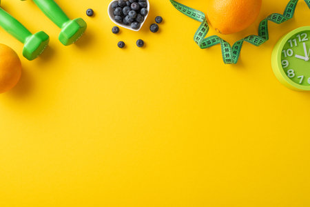 Image highlighting healthy lifestyle choices with fruits, dumbbells, and a clock on a vibrant yellow backdropの写真素材