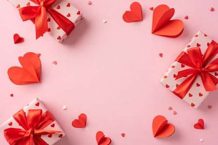 A festive layout featuring Valentine's Day gifts wrapped with ribbons and scattered heart shapes on a pink backgroundの写真素材