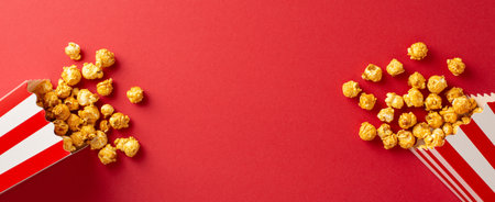 Scattered popcorn from striped boxes on a vivid red background, symbolizing a fun movie night experience or celebrationの写真素材