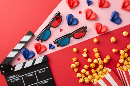 Creative Valentine's Day setting featuring 3D glasses, popcorn, and heart shapes, ideal for a romantic movie nightの写真素材