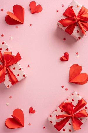 A vertical lovely arrangement of Valentine's Day gift boxes wrapped with red ribbons accompanied by paper hearts on a pink background. Perfect for celebrating love and affectionの写真素材