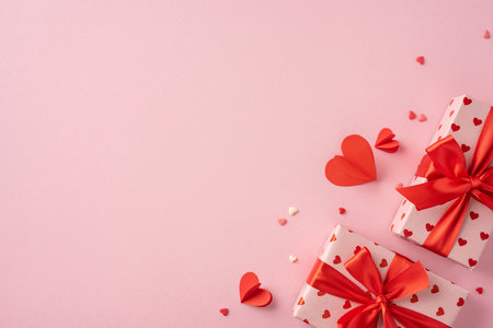 A romantic Valentine's Day setup with beautifully wrapped gifts adorned with red ribbons and heart decorations on a soft pink background, evoking love and affectionの写真素材