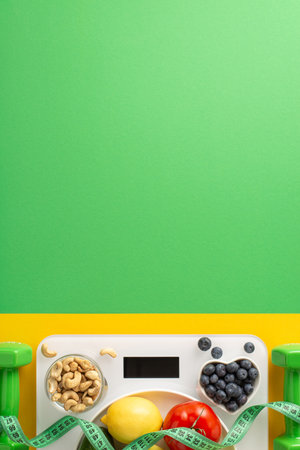 A vertical vibrant arrangement featuring fresh fruits, vegetables, nuts, and a scale, symbolizing healthy eating and balanced diet concepts with bright colorsの写真素材