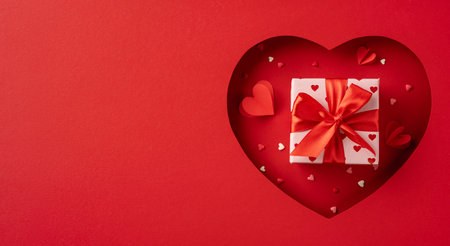 A red gift box wrapped in a satin ribbon sits inside a heart cutout. Ideal for celebrating love and romance, perfect for Valentine's Day or special occasions with a romantic themeの写真素材