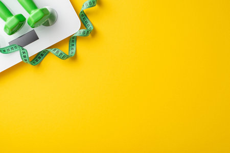 Green dumbbells and a measuring tape on a scale with a bright yellow background promoting fitness and a healthy lifestyleの写真素材