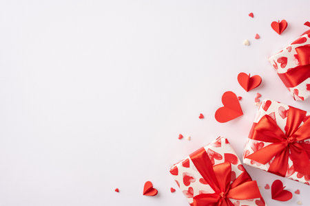 Valentine's Day presents with red heart decorations and ribbons on a white backdrop create a festive loving ambianceの写真素材