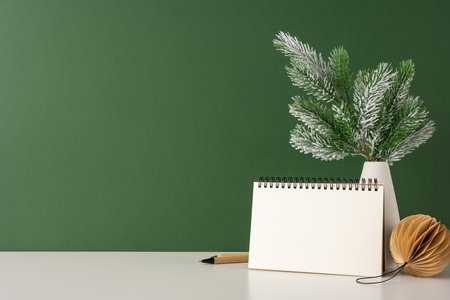 A minimal side view workspace featuring a spiral notebook, pencil, and vase with winter greenery. Set against a green background, this scandinavian style setting conveys calmness and simplicityの写真素材