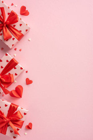 Valentine's Day vertical gifts wrapped in heart-patterned paper with red bows arranged on a soft pink background, adorned with small heart shapesの写真素材
