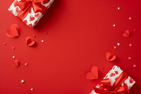 Beautiful Valentine's Day scene with gift boxes and heart decorations on a red backdrop. Perfect for celebrating love and expressing romantic feelings with thoughtful giftsの写真素材