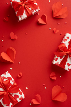 A vertical visually striking Valentine's Day arrangement featuring beautifully wrapped gifts and vibrant red paper hearts, creating a romantic and festive atmosphereの写真素材