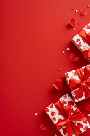 Elegant vertical Valentine's Day gifts wrapped in heart-themed paper with red ribbon. Perfect for celebrating love and romance. Captures the essence of Valentine's Day and special occasionsの写真素材