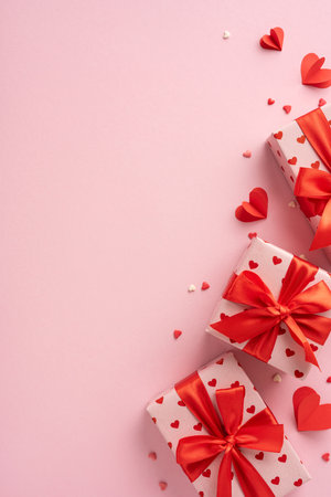 Romantic vertical Valentine's Day gifts wrapped in heart-patterned paper with red bows on a pink backgroundの写真素材