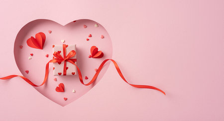A beautifully wrapped gift sits inside a heart cutout, surrounded by red paper hearts and ribbon, creating a romantic and festive Valentine's Day atmosphereの写真素材