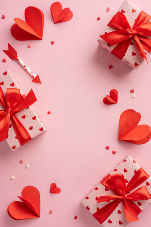 A vertical collection of Valentine's Day gifts elegantly wrapped with red ribbons and adorned with heart-shaped decorations, creating a romantic and festive atmosphere for the special occasionの写真素材