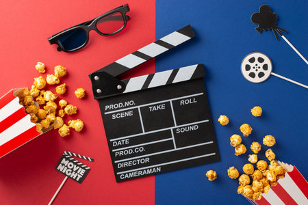 A creative flat lay featuring a clapperboard, popcorn, 3D glasses, and a movie reel on a vibrant colored background, perfect for a movie night themeの写真素材