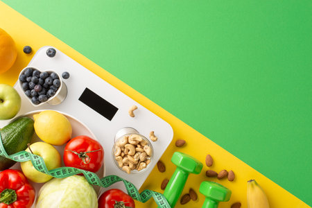 A vibrant arrangement of fruits, vegetables, nuts, and dumbbells on a scale symbolizes a balanced,...