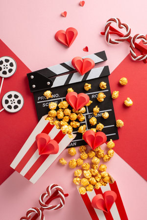 A vertical flat lay of romantic movie night essentials including popcorn, heart decorations, and a movie clapperboard on a pink and red backgroundの写真素材