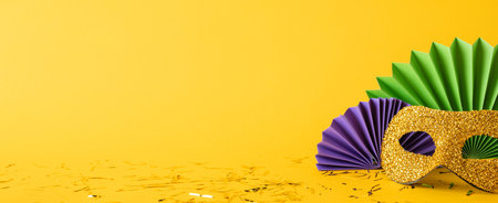 Golden side view glittery mask and colorful paper decorations on bright yellow background representing Mardi Gras celebrationの写真素材