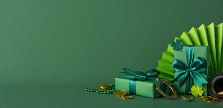 St. Patrick's Day side view themed arrangement with green gifts, shamrocks, horseshoes, and golden accentsの写真素材