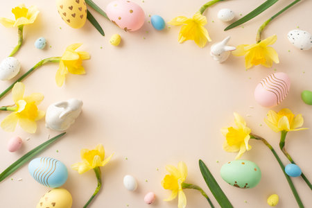 Festive composition with colorful eggs, yellow daffodils, and cute figurines, perfect for Easter decorの写真素材