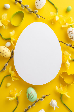 Bright yellow vertical background featuring Easter decorations, including colorful eggs and delicate yellow flowers forming a border around a central space.の写真素材