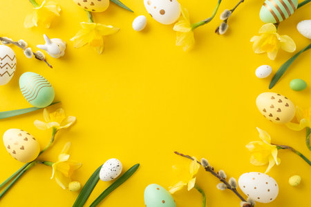 Easter-themed composition featuring colorful decorative eggs and fresh daffodils on yellow surfaceの写真素材