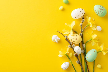 Colorful painted Easter eggs and fresh spring flowers creatively arranged on a yellow backdropの写真素材