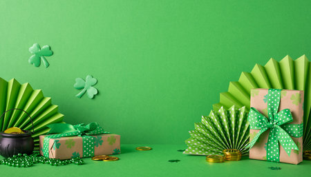 Festive St. Patrick's Day scene with gifts, gold coins, shamrocks, and themed green decorの写真素材