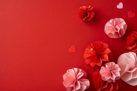 Elegant paper flowers with small hearts on a rich red background, perfect for Valentine's Day celebration. Captures the essence of love and romance with a minimalist designの写真素材