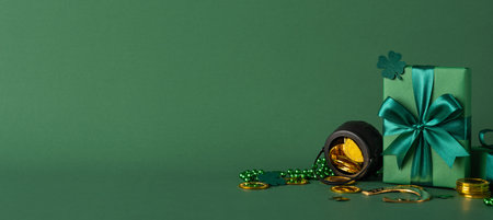 Green side view wrapped present with bow, gold coins, and accessories symbolize festive St. Patrick's celebrationの写真素材