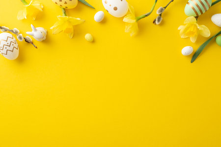 Colorful Easter eggs and yellow daffodils accentuate a vibrant yellow setting, evoking springの写真素材