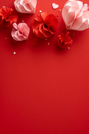 Vertical flat lay of Valentine's Day honeycomb hearts surrounded by confetti hearts on a red background with empty spaceの写真素材