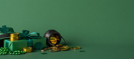 Green side view background featuring festive St. Patrick's Day items including coins, clovers, and a gift setupの写真素材