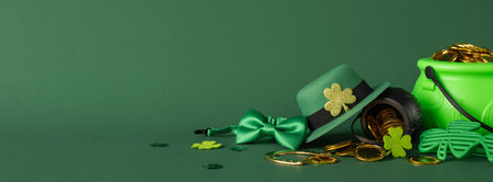 Festive side view St. Patrick's Day display featuring a green hat, pot of gold, and shamrocksの写真素材