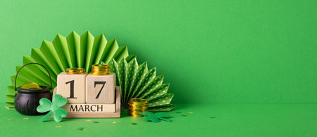 Green festive arrangement featuring a March 17 wooden block calendar with gold coins and St. Patrick's Day decorative elementsの写真素材