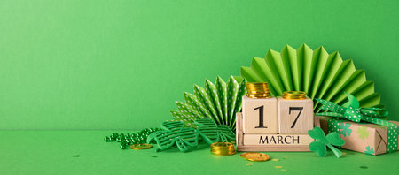Festive St. Patrick's Day arrangement with green elements, shamrock decor, and a calendar date symbolizing March 17 for celebrationの写真素材