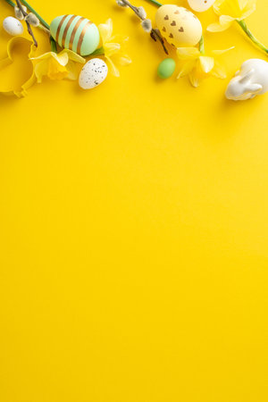 Easter vertical concept featuring colorful eggs, bunny figurines, and spring flowers on a yellow backgroundの写真素材