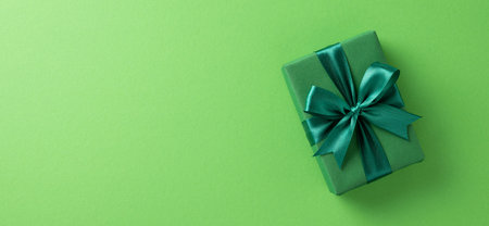 A beautifully wrapped green gift box with a matching ribbon lying against a solid green backdrop, conveying a sense of celebration, elegance, and festive spiritの写真素材